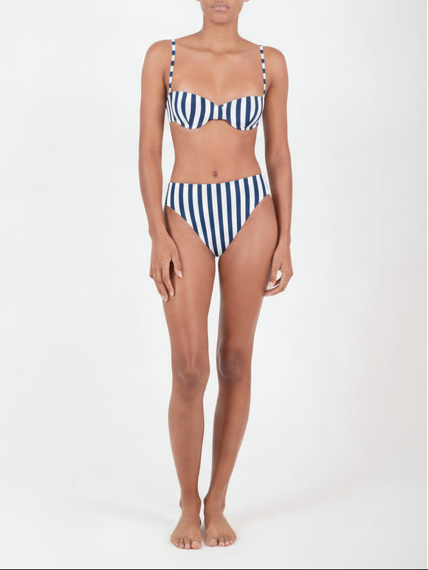 Ecomm Model wearing the Balconette Bikini Top in Marine Blue Vertical Stripes