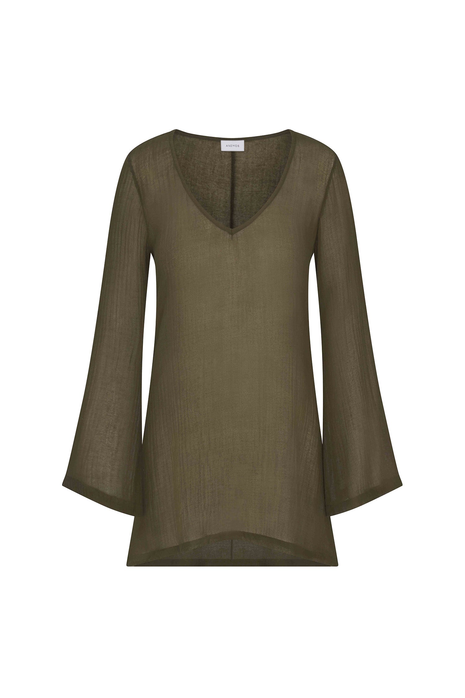 Bell Sleeve Tunic Dress in Woven Bamboo Cotton Gauze in color cypress green on a white background