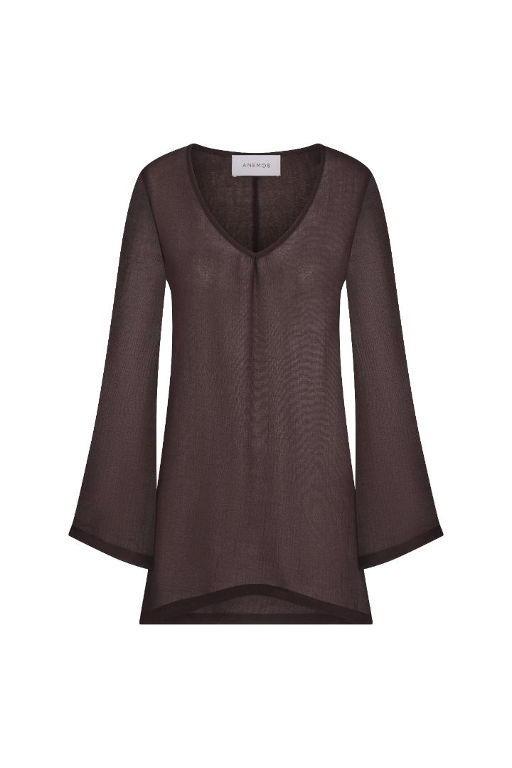 Bell Sleeve Tunic Dress in woven bamboo cotton gauze on a white background, featuring a loose, draped silhouette, flared sleeves, and a clean open neckline for relaxed, airy elegance.