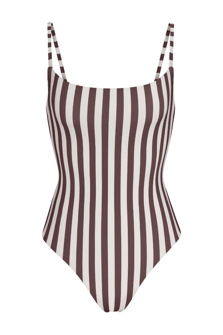 Classic Maillot One-Piece in vertical stripes, featuring a square neckline, adjustable straps, full-coverage back, and a timeless streamlined silhouette.