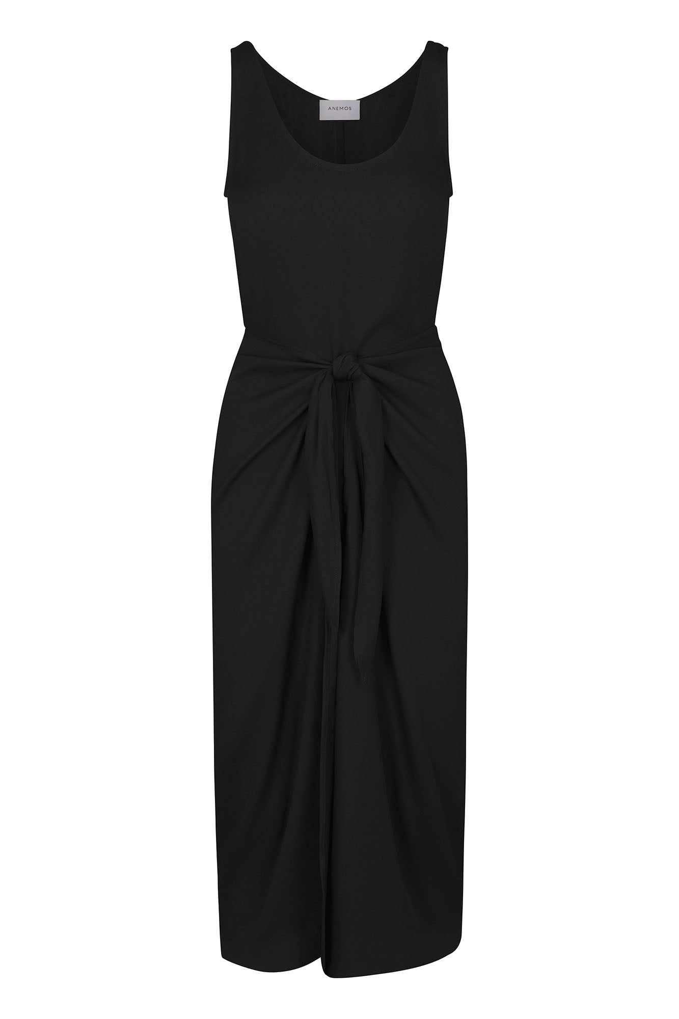 Anemos D.K. Midi Wrap Dress in Matte Crepe in Black — scoop neckline wrap dress with self-tie skirt