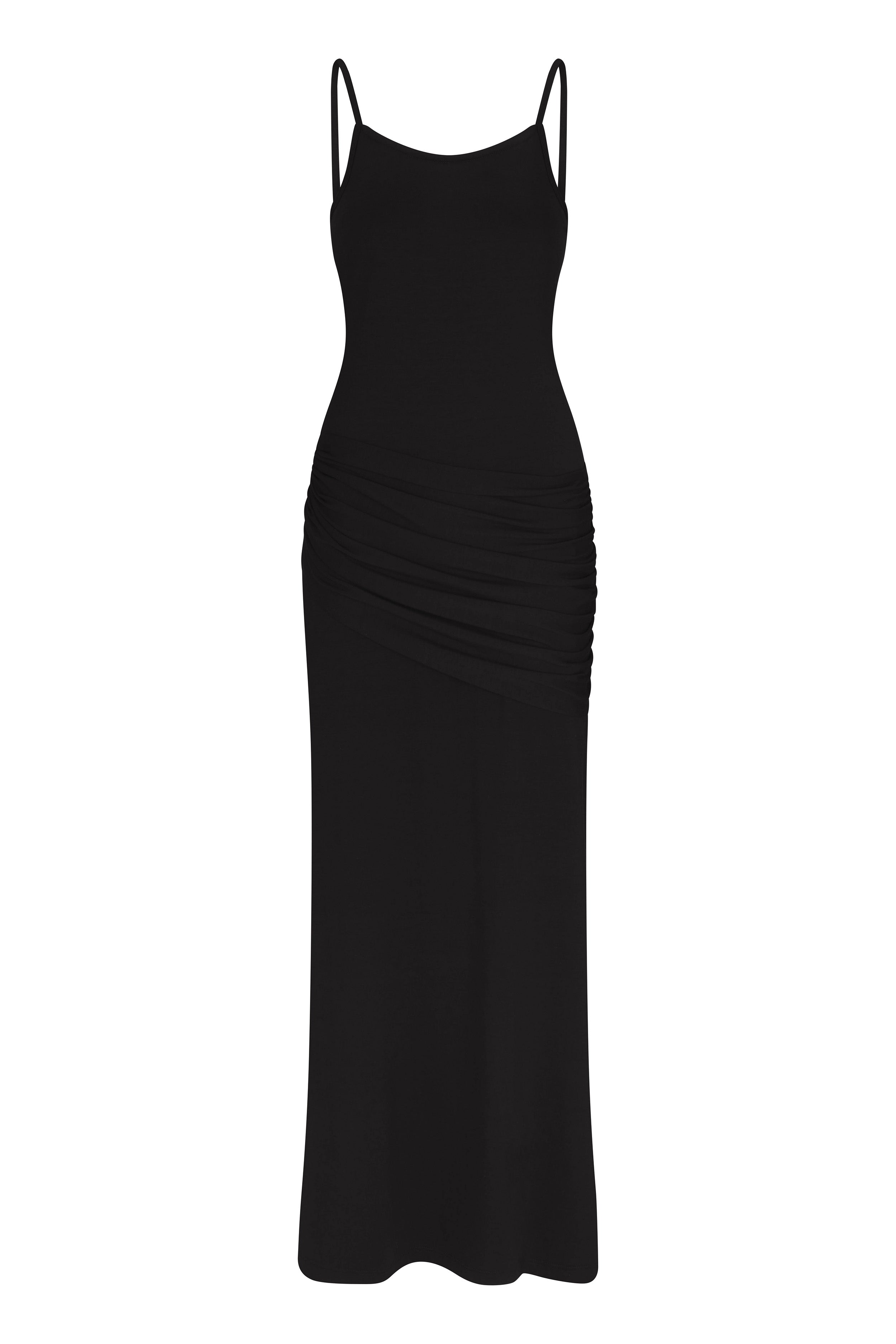 Draped Front Midi Dress in compact jersey, featuring thin straps, a soft draped front panel at the waist, and a sleek fitted silhouette.
