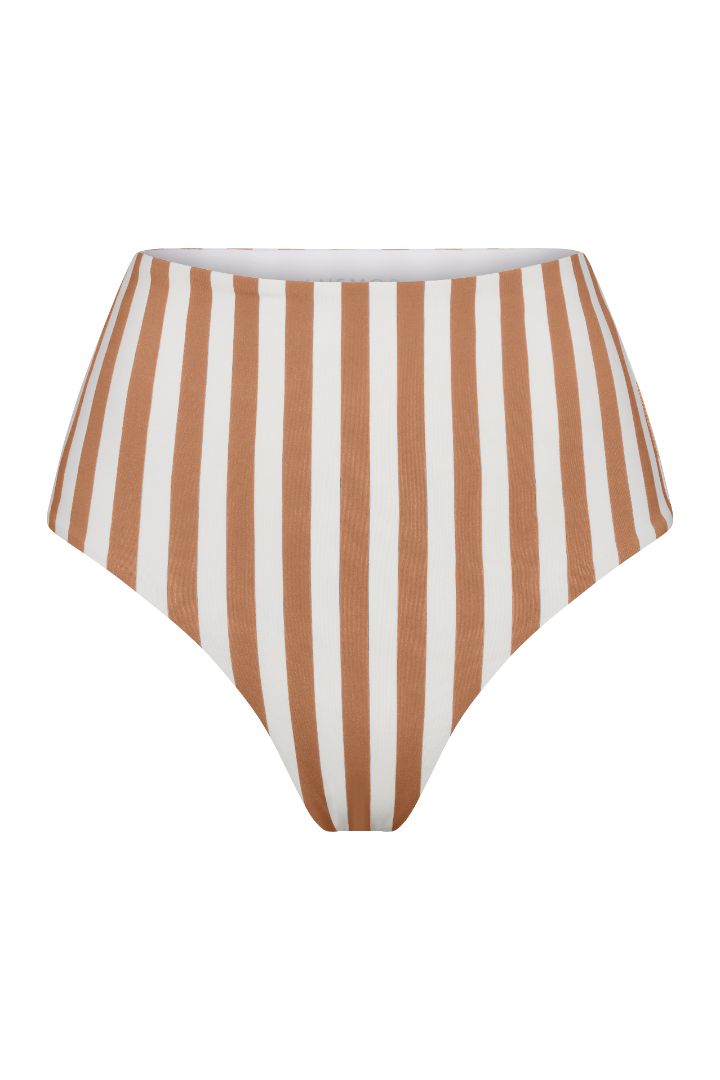 High-waist bikini bottom in fawn and white vertical stripes featuring a retro-inspired high-rise silhouette with a cheeky cut, fully lined and crafted from UPF 50+ Italian swim fabric.