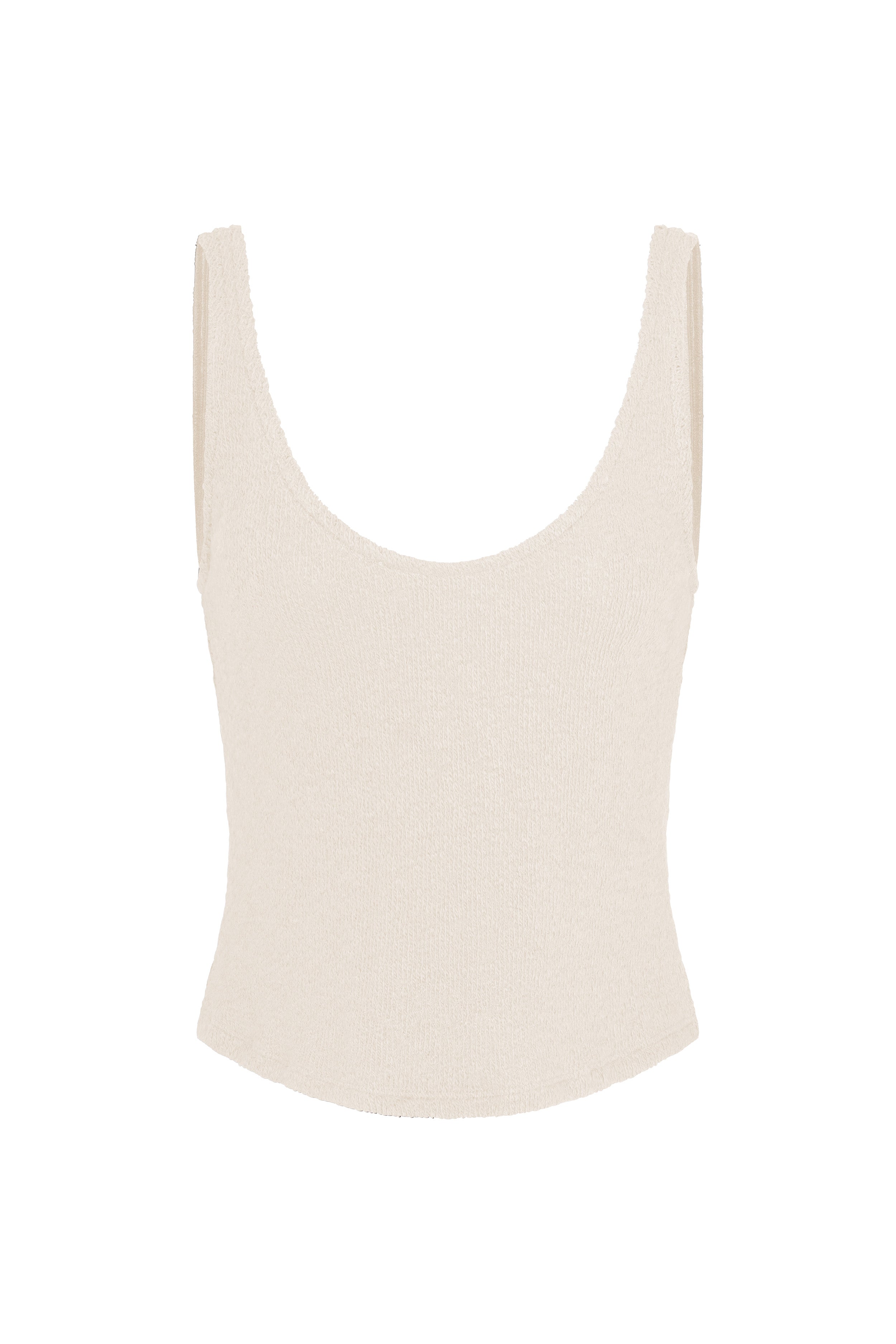 Knit tank top in cotton crochet featuring a sleeveless pullover silhouette with an open-knit texture and unlined construction. Made from soft vegan cotton blend for a lightweight, breathable fit.