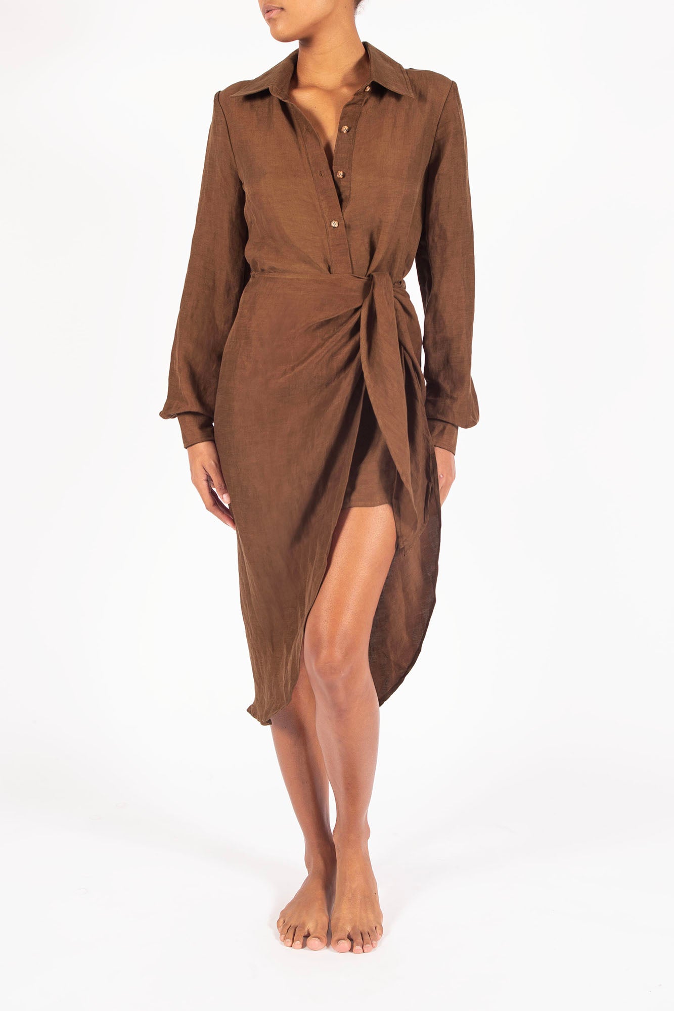 Ecomm Model wearing the L.A. Button Down Asymmetric Wrap Midi Dress in Cupro Linen Blend, combining the structure of a button-down with the ease of a wrap silhouette.