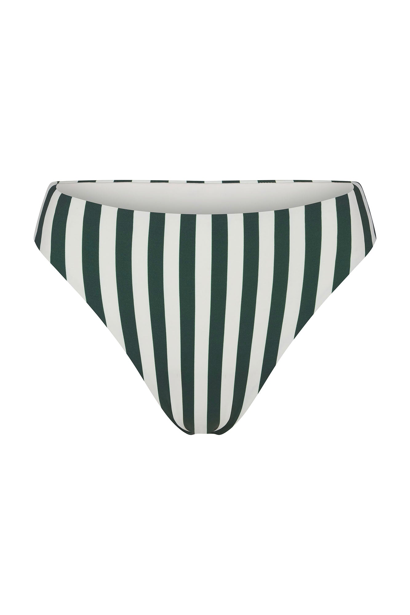 Anemos Midi High-Cut Bikini Bottom in Green Vertical Stripes — retro-inspired bottom with sculpted sides
