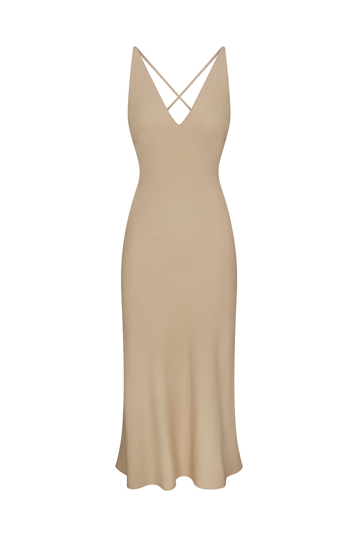 Anemos Plunging Bias-Cut Dress in Stretch Twill in Taupe — striking deep-V bias-cut dress