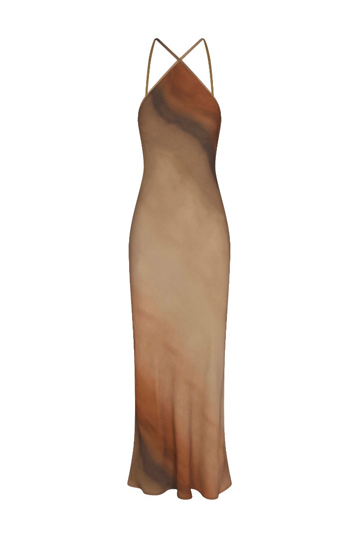 SL Bias-Cut Slip Dress in red rock ombré satine crepe, featuring a crossover halter neckline, bias-cut silhouette, and flowing earth-tone gradient print.