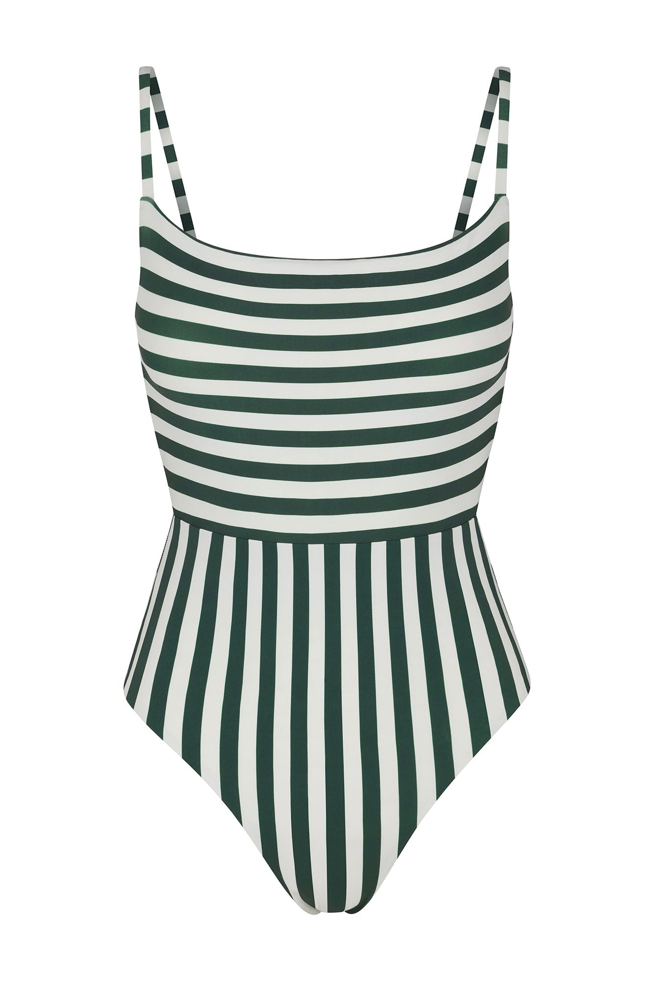 Square Neck Open Back One-Piece in Mixed Stripes Green & White Mixed Striped on White Background