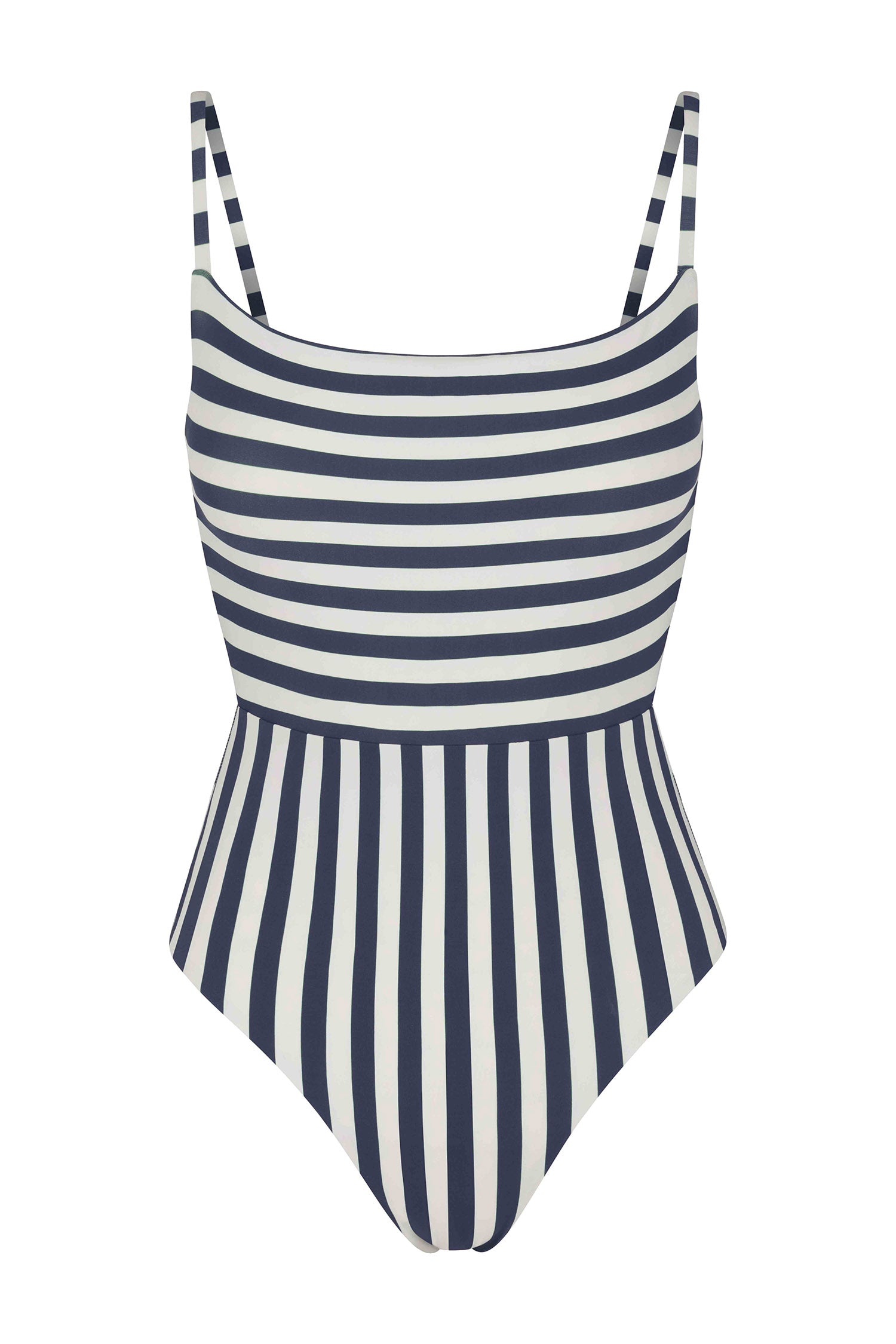 Square Neck Open Back One-Piece in Mixed Stripes Marine & White Mixed Striped on White Background