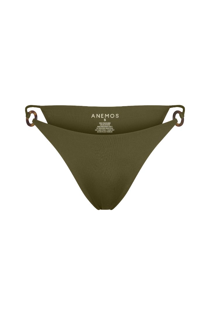Tortoise Ring String Tie Bikini Bottom with adjustable side ties, recycled tortoise ring accents, and a flattering high-cut silhouette.