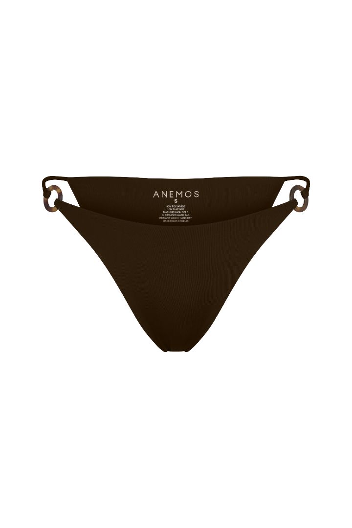 Tortoise Ring String Tie Bikini Bottom with adjustable side ties, recycled tortoise ring accents, and a flattering high-cut silhouette.