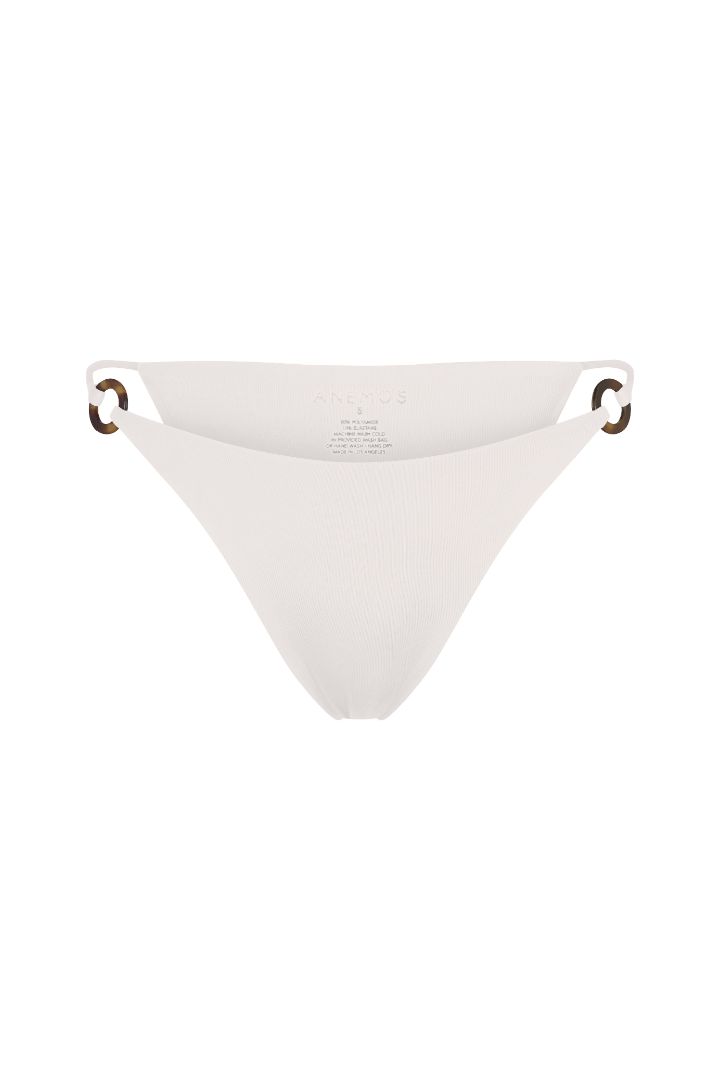 Tortoise Ring String Tie Bikini Bottom with adjustable side ties, recycled tortoise ring accents, and a flattering high-cut silhouette.