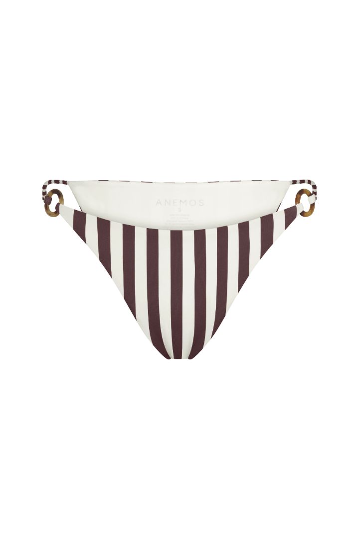 Tortoise Ring String Tie Bikini Bottom in Espresso Vertical Stripes with adjustable side ties, tortoise ring accents, and a flattering high-cut silhouette.
