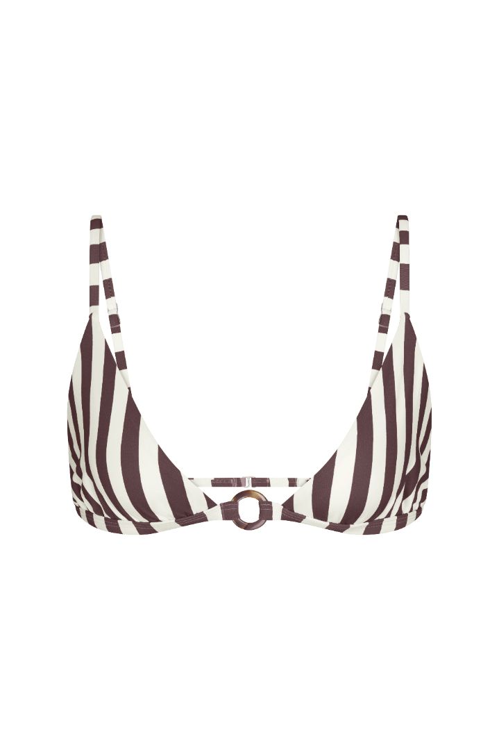 Anemos Tortoise Ring Triangle Bikini Top in Espresso Vertical Stripes — wide-cut triangle top with tortoise-ring detailing