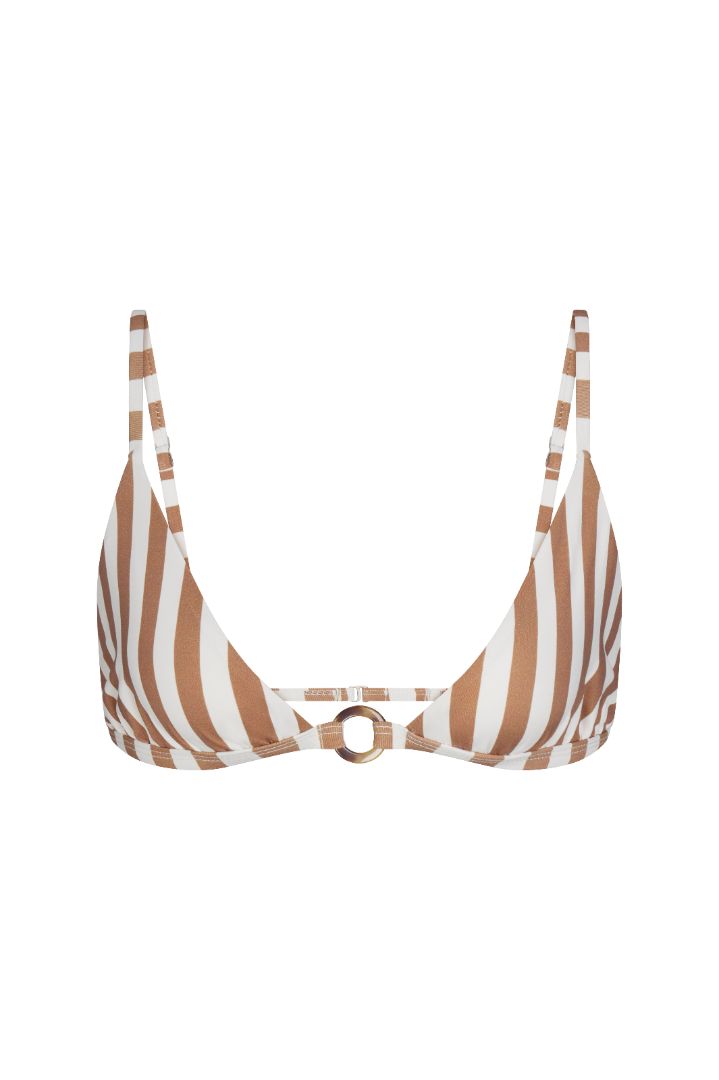 Tortoise Ring Triangle Bikini Top in fawn vertical stripes featuring a wide-cut triangle silhouette with slim adjustable straps, tortoise-ring detailing at the band, a hook-and-eye back closure, and a fully lined design with UPF 50+ sun protection.