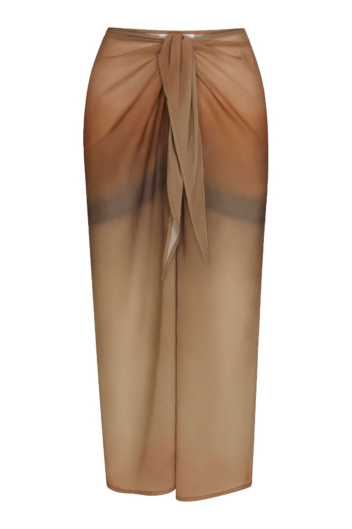 Wrap Midi Skirt in sheer red rock ombré eco-chiffon, featuring a self-tie waist, pleated back detail, and a flowing translucent silhouette.