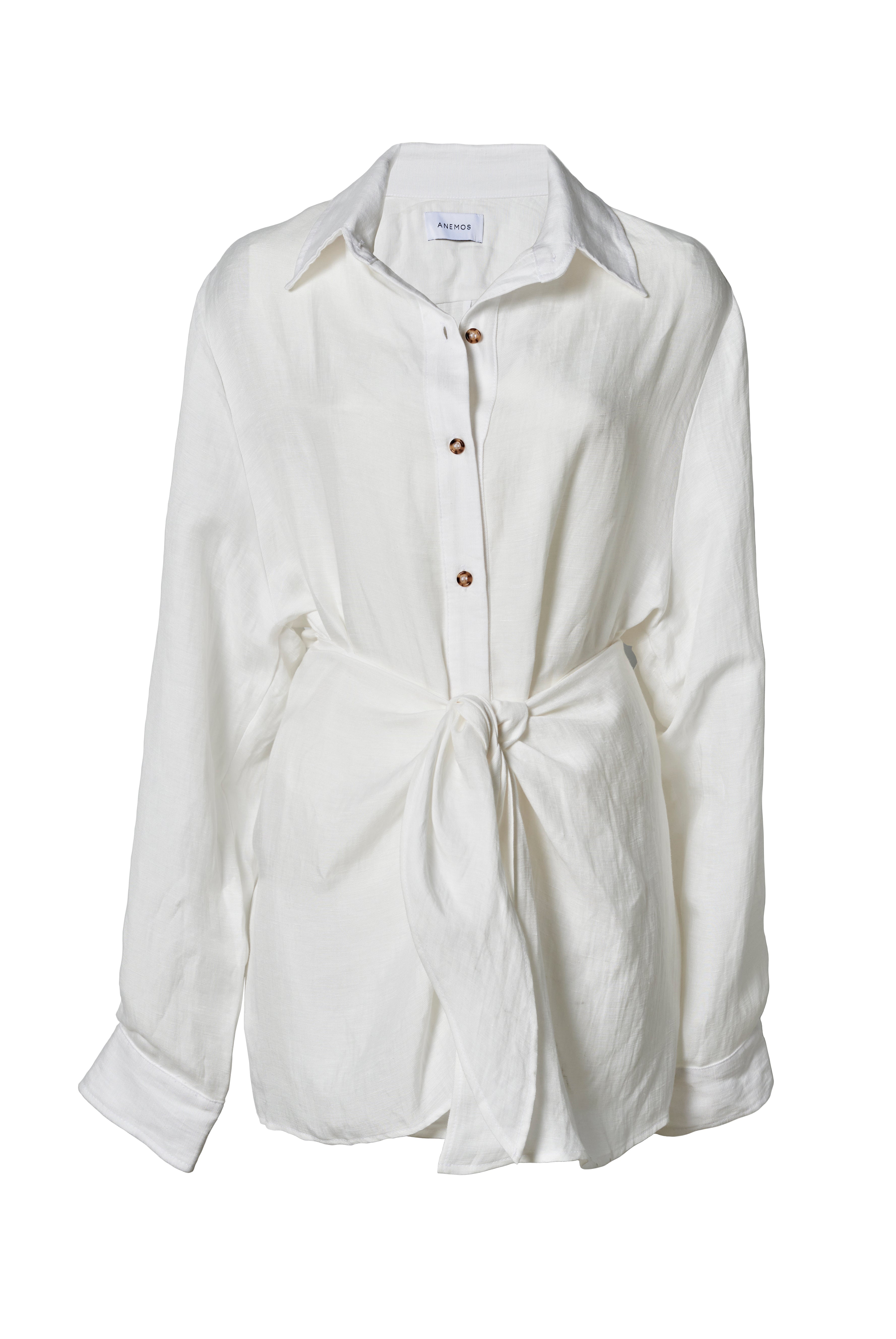 L.A. Button-Down Wrap Mini Dress in Cupro Linen Blend White on White Background