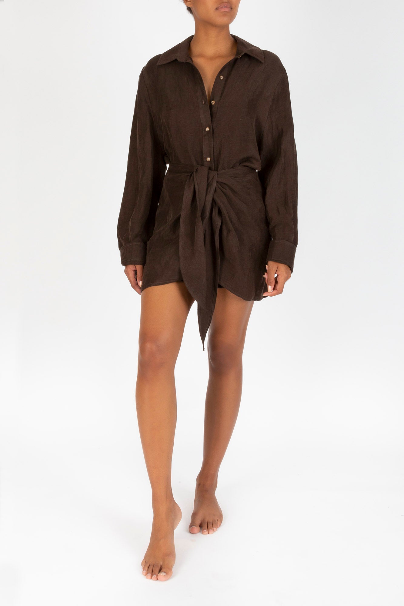 Ecomm Model wearing the L.A. Button-Down Wrap Mini Dress in Cupro Linen Blend, featuring a button-down placket and chic wrap detailing along the waist.