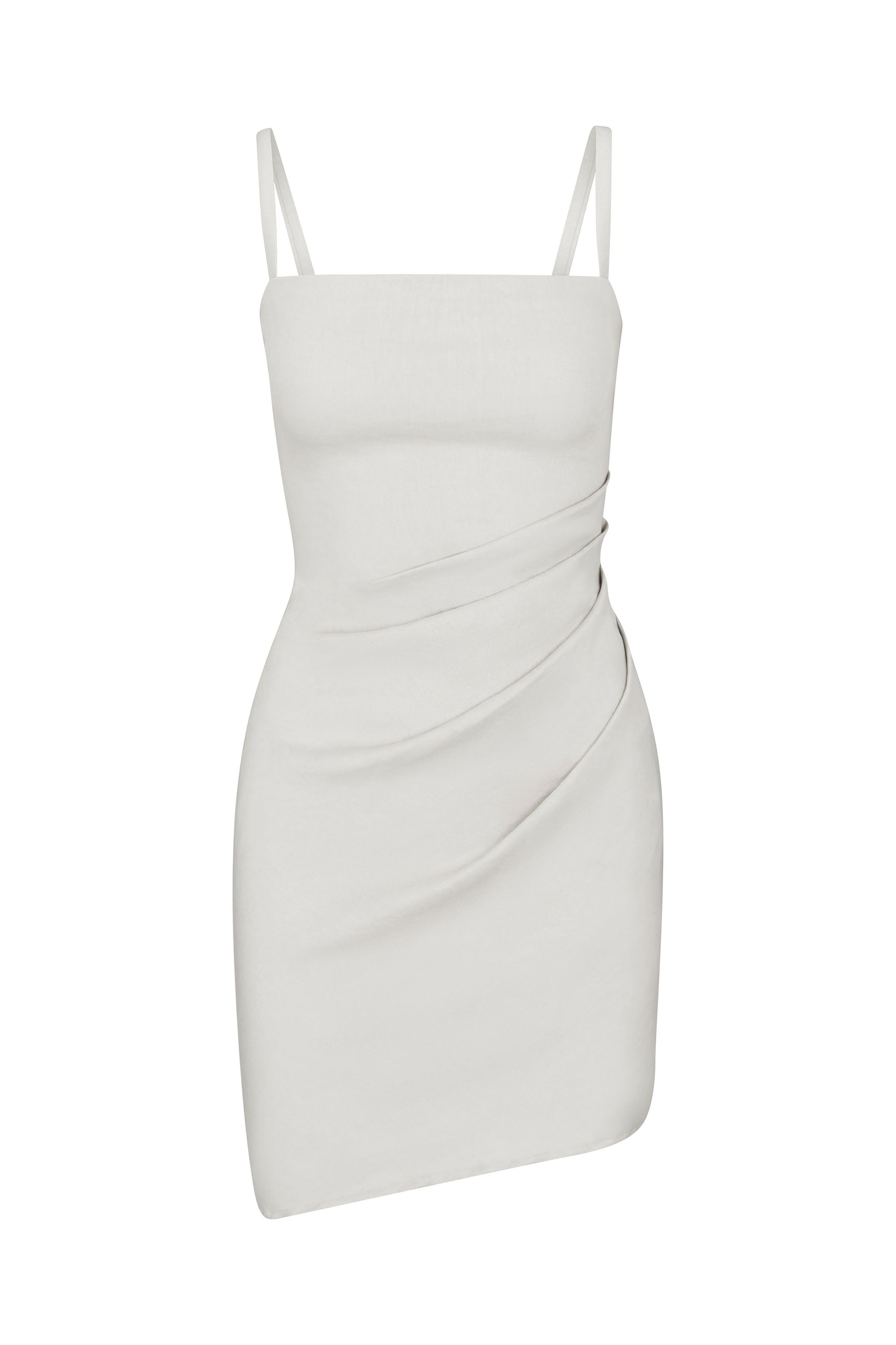 Anemos Nadege Draped Mini Dress in Stretch Linen in White — contouring mini dress with antiquity-inspired drape