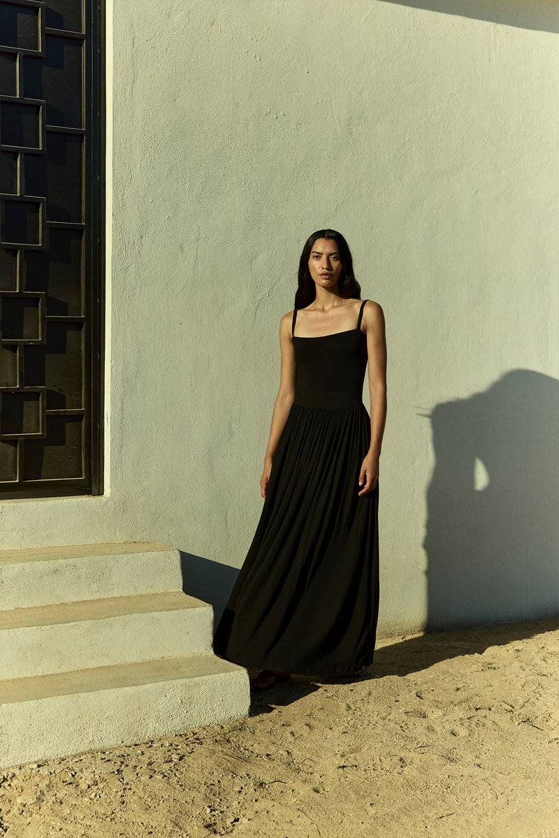 Square Neck Gathered A-Line Maxi Dress in Compact Jersey
