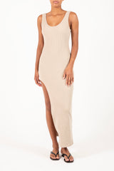 Open Back Maxi Tank Dress with Side Slit in Tencel Rib Knit