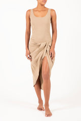 The Selene Drop Waist Drape Midi Dress in Textured Stretch