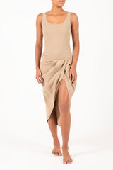 Selene Drop Waist Drape Midi Dress in Textured Stretch