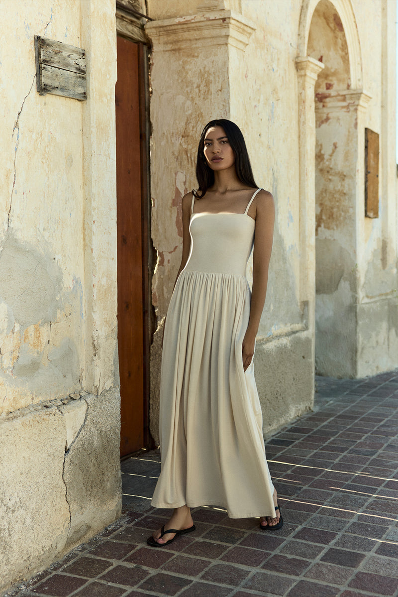 Anemos | Square Neck Gathered A-Line Maxi Dress in Compact Jersey Oyster / S Anemos | Square Neck Gathered A-Line Maxi Dress in Compact Jersey Oyster / S
