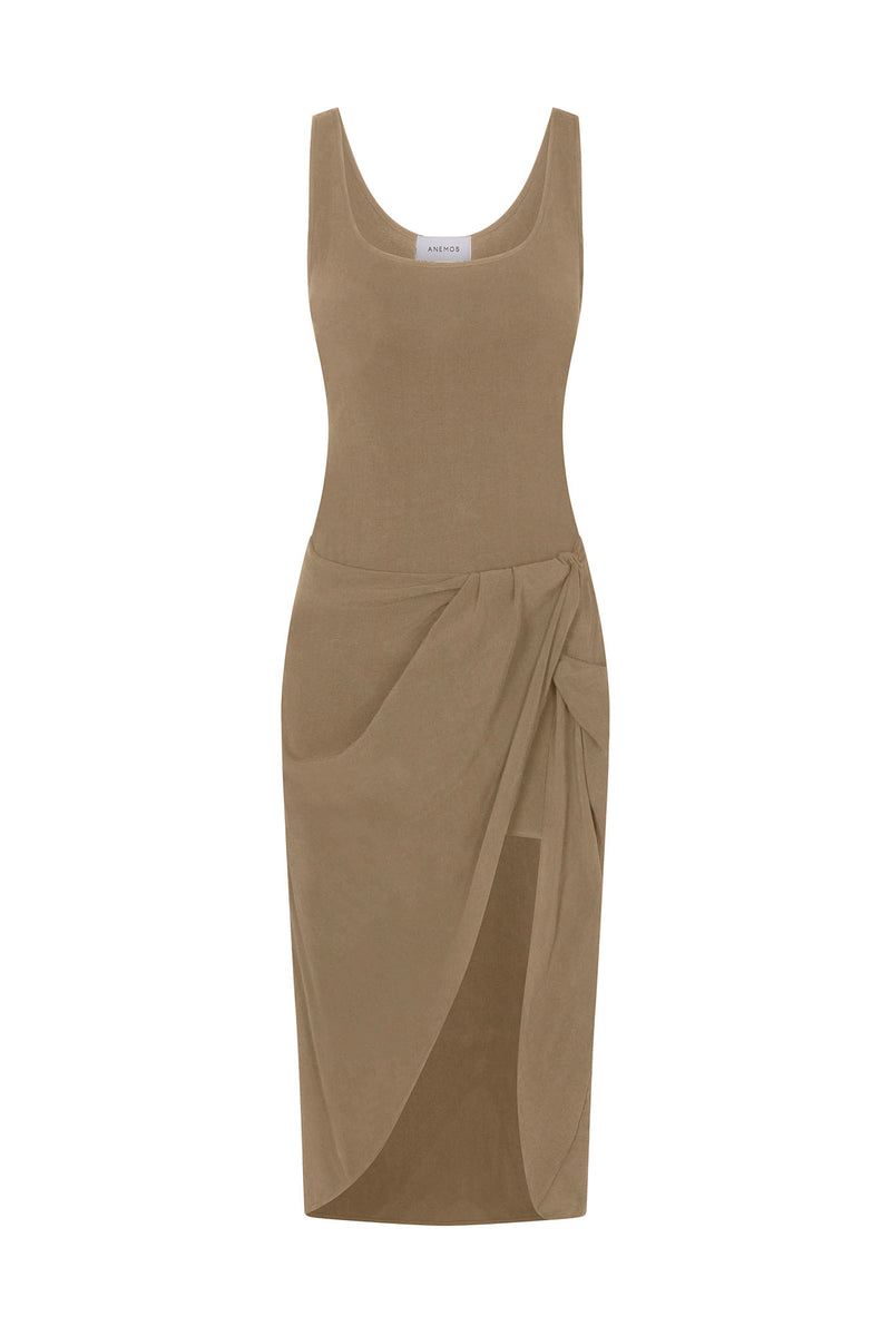 The Selene Drop Waist Drape Midi Dress in Textured Stretch