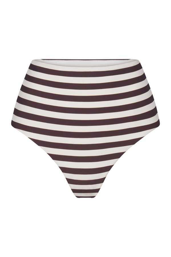 High-Waist Bikini Bottom in Espresso Even Stripes