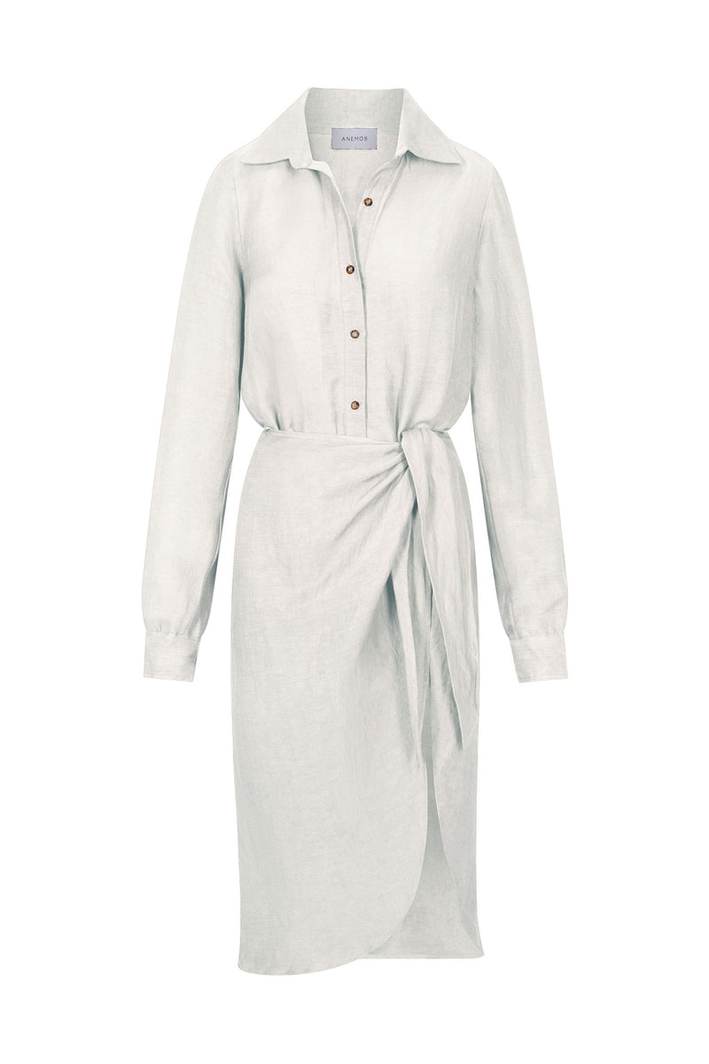 L.A. Button Down Asymmetric Wrap Midi Dress in Cupro Linen Blend