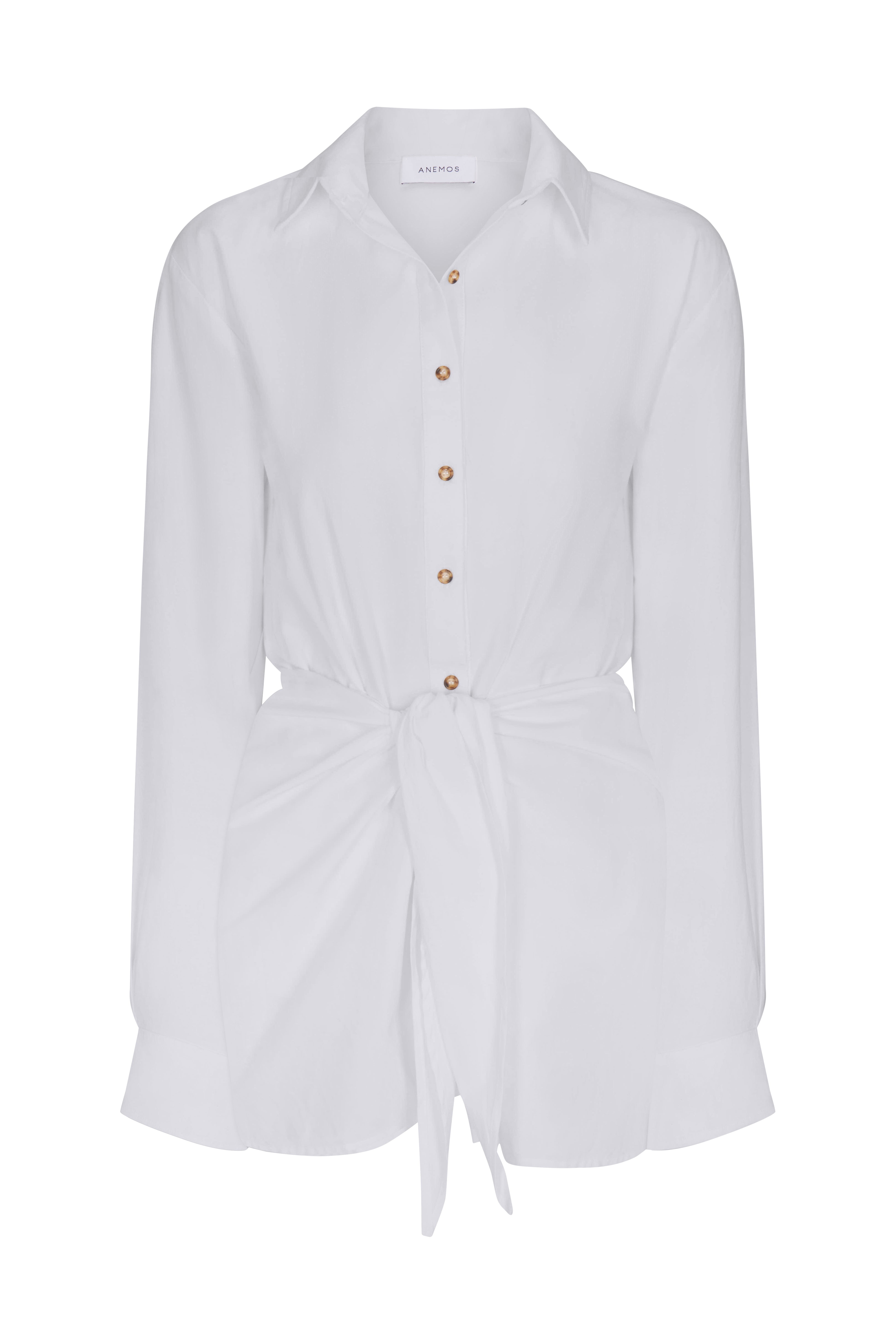 Anemos L.A. Button-Down Wrap Mini Dress in Stretch Cotton — sleek hybrid wrap dress