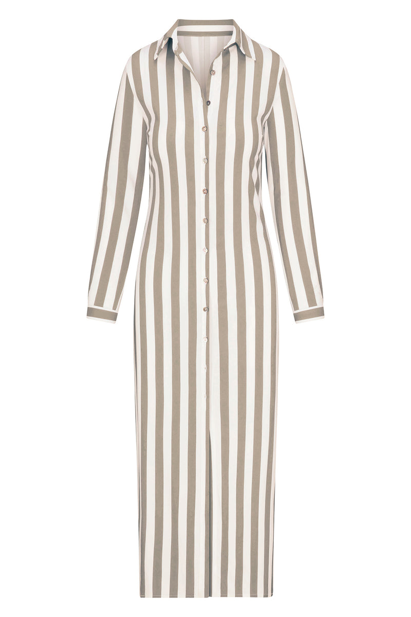Collared Button-Down Maxi Shirt Dress in Striped Stretch Twill