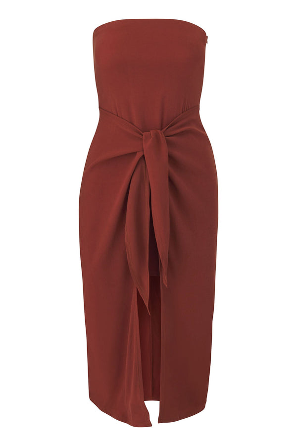 The Strapless D.K. Midi Wrap Dress in Stretch Cupro