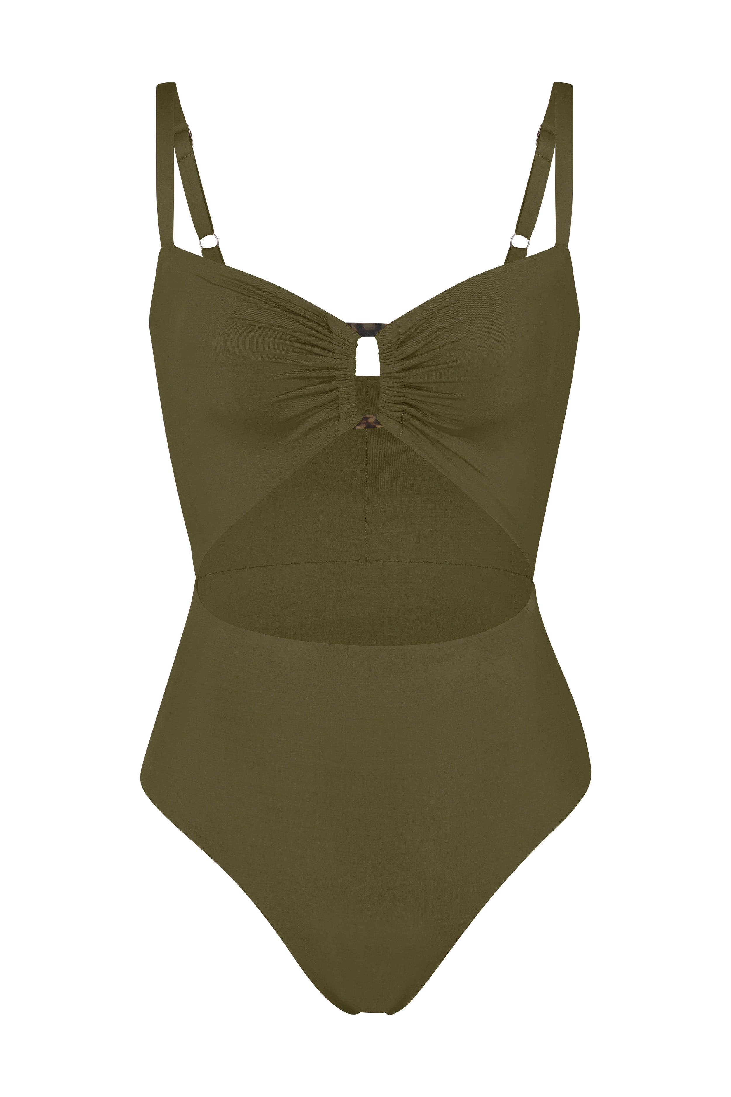 Anemos Tortoise Cutout One-Piece — tortoiseshell ring detail, gathered bust, high waist