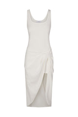 The Selene Drop Waist Drape Midi Dress in Textured Stretch