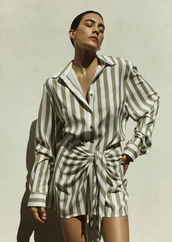 L.A. Button-Down Wrap Mini Dress in Striped Stretch Twill