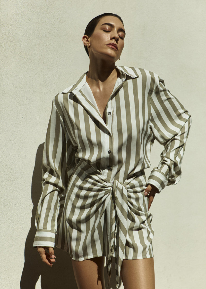 L.A. Button-Down Wrap Mini Dress in Striped Stretch Twill