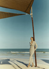 Collared Button-Down Maxi Shirt Dress in Striped Stretch Twill