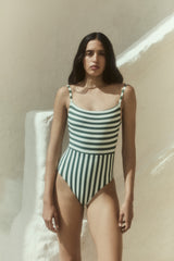 Square Neck Open Back One-Piece in Mixed Stripes