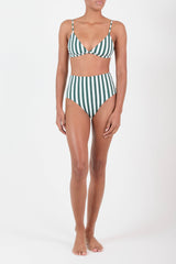 High-Waist Bikini Bottom in Green Vertical Stripes