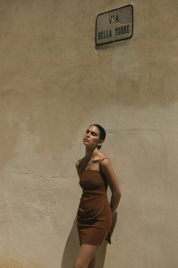 The Nadege Draped Mini Dress in Stretch Linen