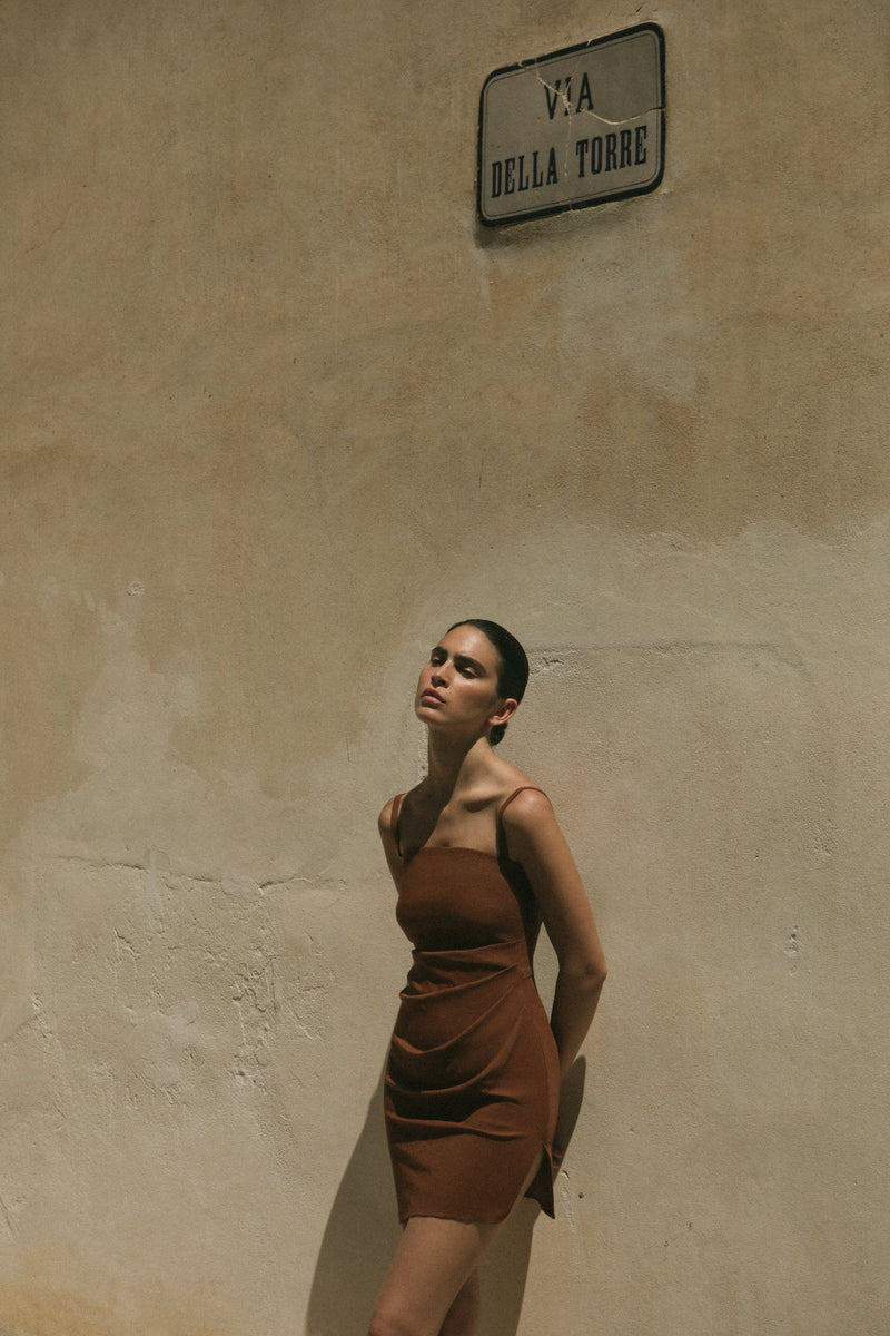 The Nadege Draped Mini Dress in Stretch Linen