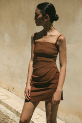 Nadege Draped Mini Dress in Stretch Linen