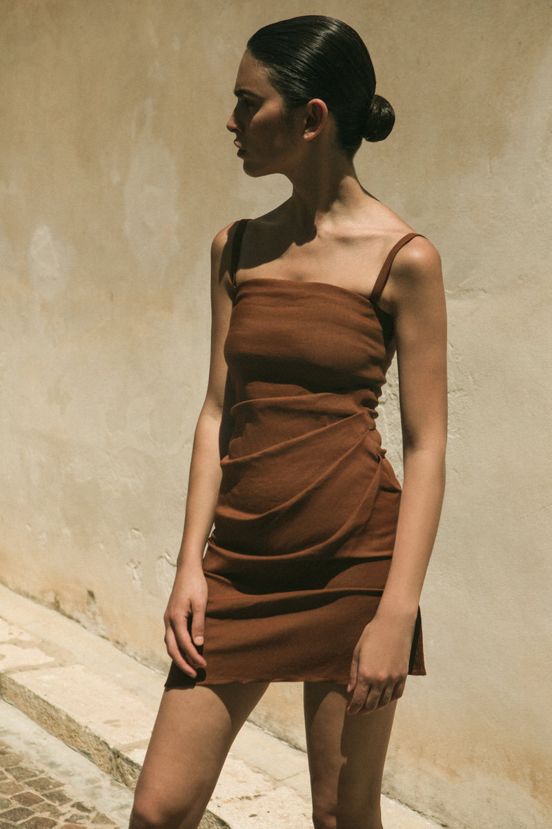 Nadege Draped Mini Dress in Stretch Linen