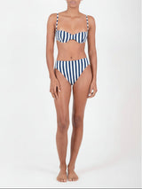 Ecomm Model wearing the Balconette Bikini Top in Marine Blue Vertical Stripes
