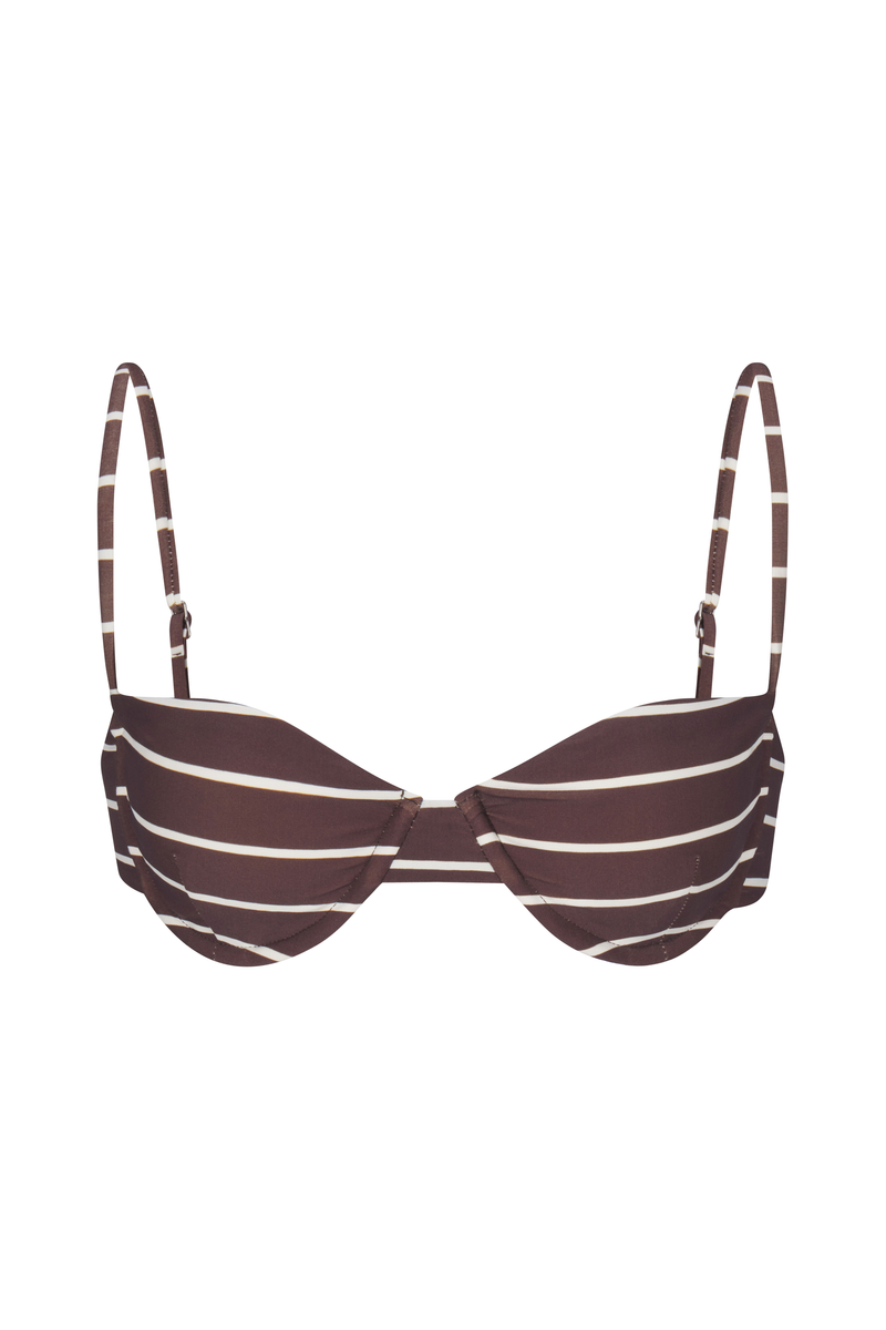 Balconette Underwire Bikini Top in Espresso Odd Stripes Espresso & White Odd Striped on White Background