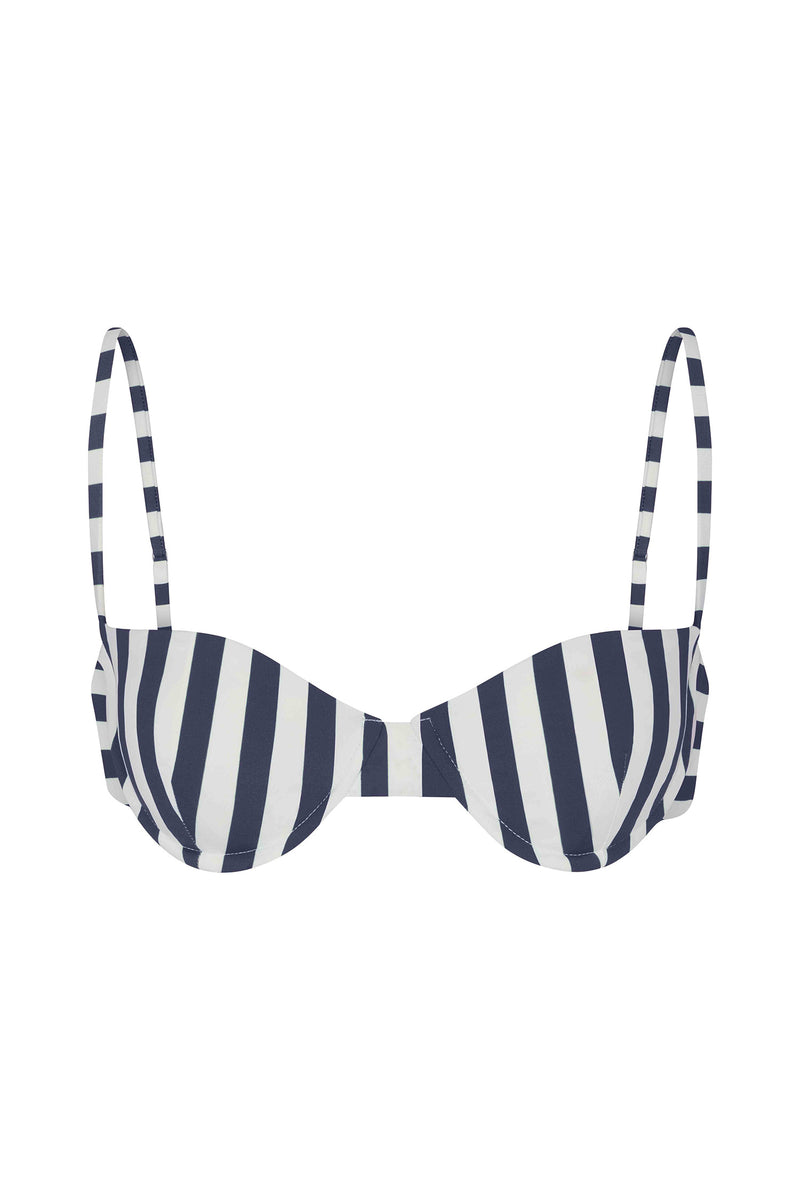 Marine and white striped underwire bikini top on a white background