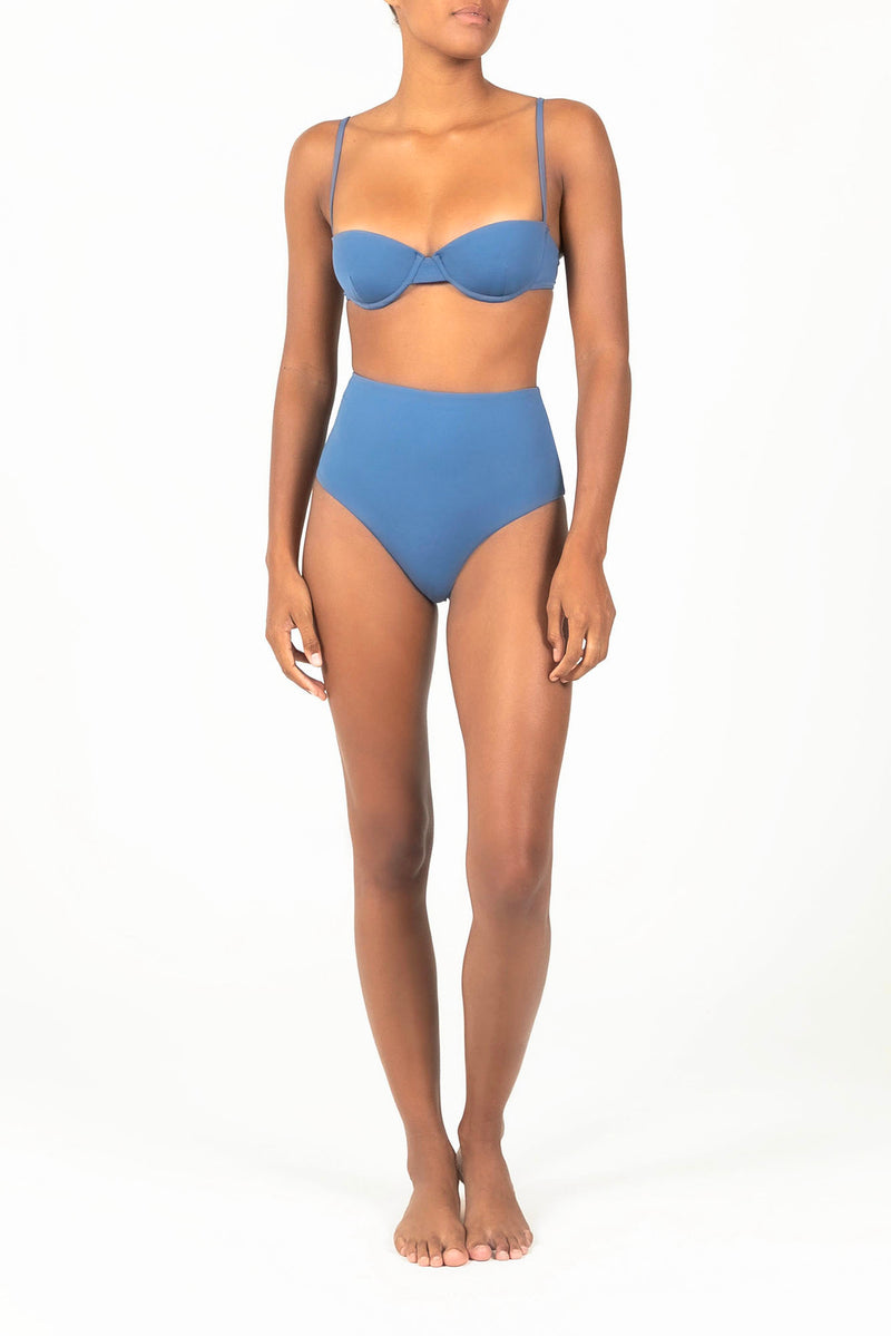 Balconette Underwire Bikini Top on Ecomm Model, designed to sit straight across the chest, it features light support and adjustable straps.